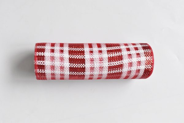 Xmas Red White Plaid Deco Mesh - Holiday Plaid Deco Mesh - ( 10 Inch x 10 Yards ) For Sale - Image 3