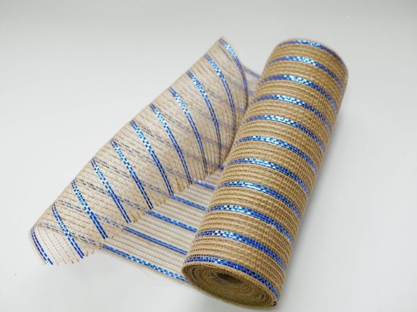 Natural Burlap Royal Metallic Stripe Holiday Deco Mesh - ( 10 Inch x 10 Yards ) For Cheap